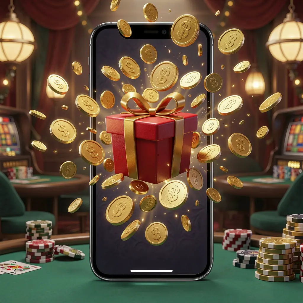 Ilustrasi 3D premium aplikasi bonus kasino seluler oleh 9999 SL yang menampilkan layar ponsel dengan kotak hadiah dan koin yang meledak keluar dalam suasana kasino yang meriah