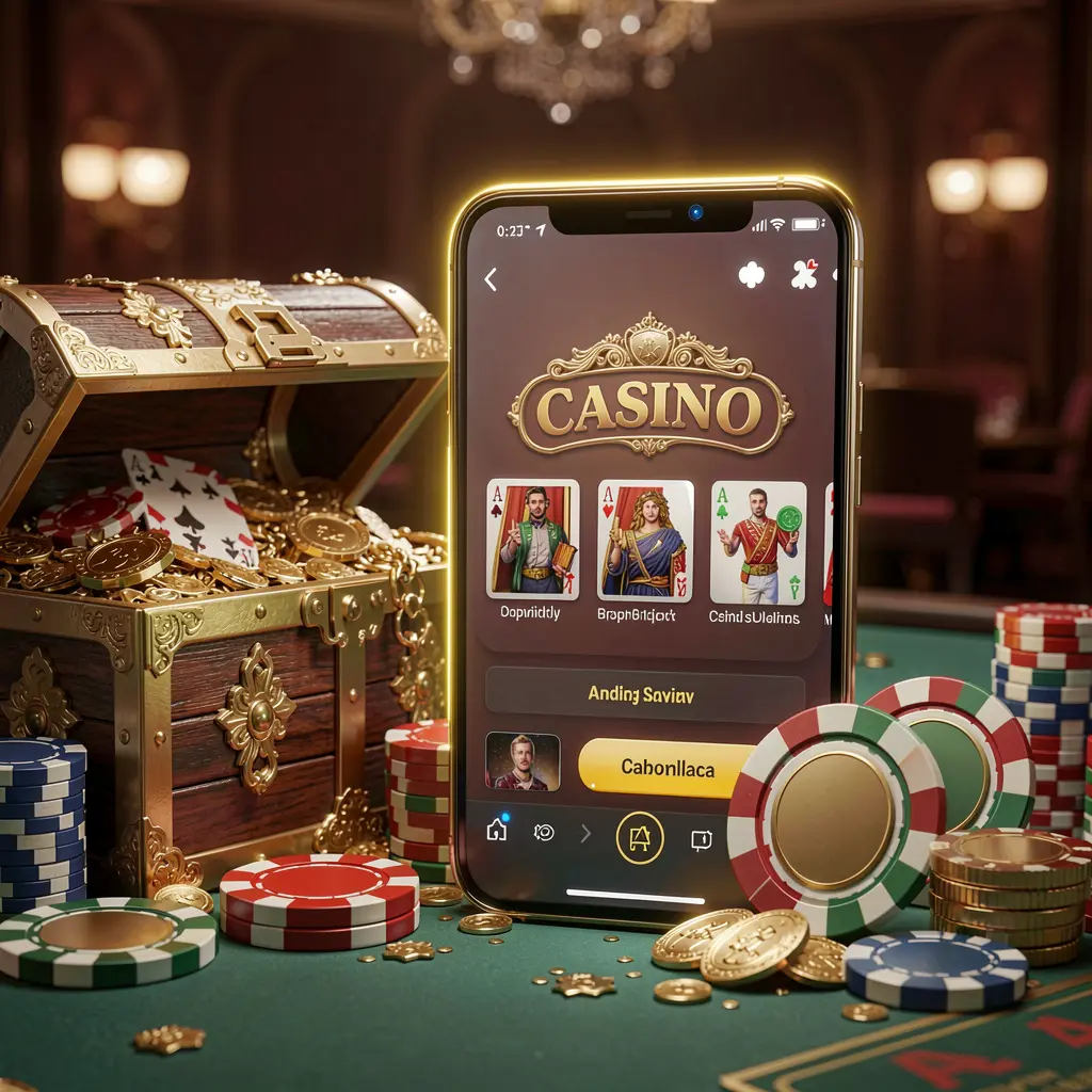 Ponsel pintar bercahaya menampilkan APK Kasino 9999 SL dengan tata letak aplikasi bergaya Android, dikelilingi peti harta karun, chip, dan koin dalam render 3D mewah