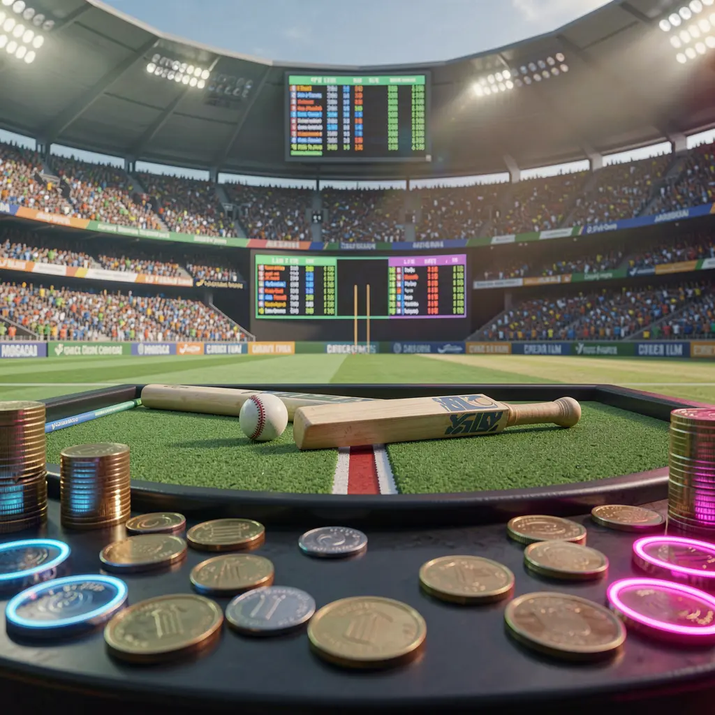 Render 3D sinematik stadion kriket yang penuh sesak dengan lapangan hijau, pemukul dan bola, panel peluang langsung digital, koin, dan pencahayaan neon yang menampilkan merek taruhan olahraga 9999 SL