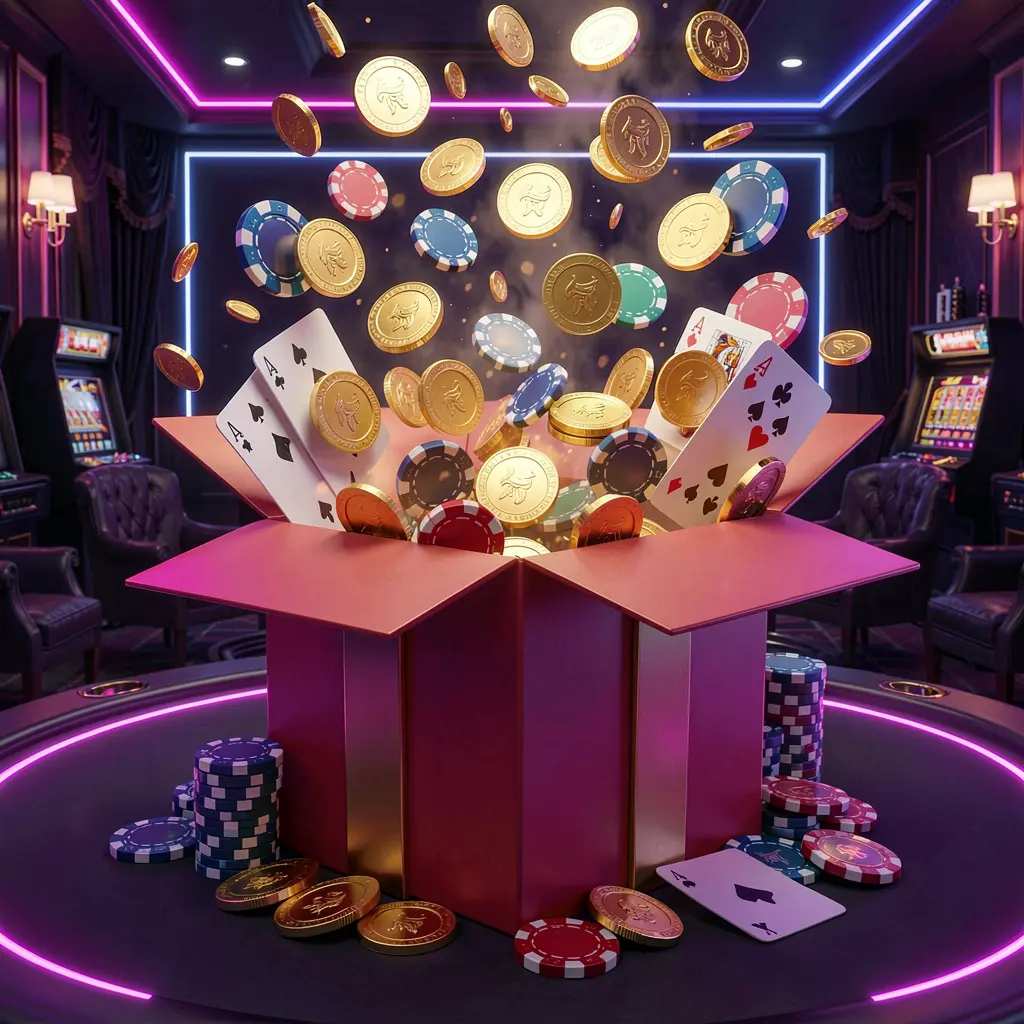 Kotak hadiah bonus yang meledak dengan koin emas, chip poker, dan kartu remi di atas latar belakang mewah gelap dengan aksen neon bercahaya, menampilkan bonus kasino online 9999 SL