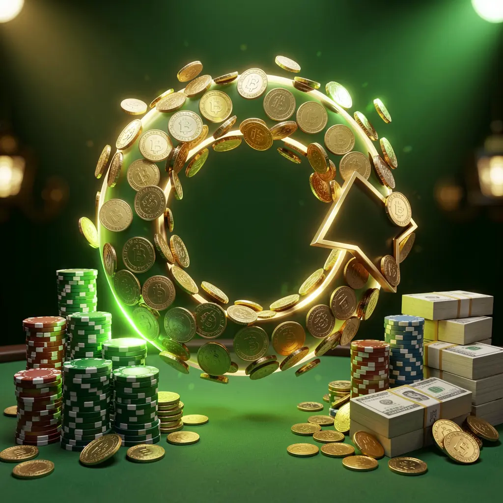 Render 3D realistis adegan bonus pengembalian uang kasino yang menampilkan koin bergerak dalam panah melingkar, tumpukan chip, dan ikatan uang tunai dengan cahaya hijau dan emas, menampilkan merek 9999 SL