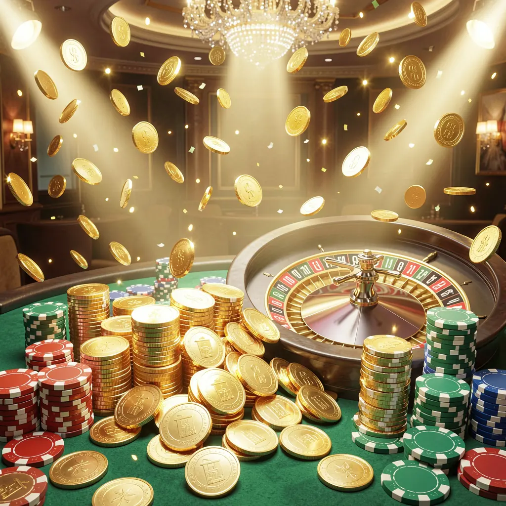 Adegan jackpot kasino 9999 SL yang menampilkan koin emas, chip poker berwarna-warni, dan roda rolet di bawah lampu terang bercahaya dalam suasana perayaan mewah