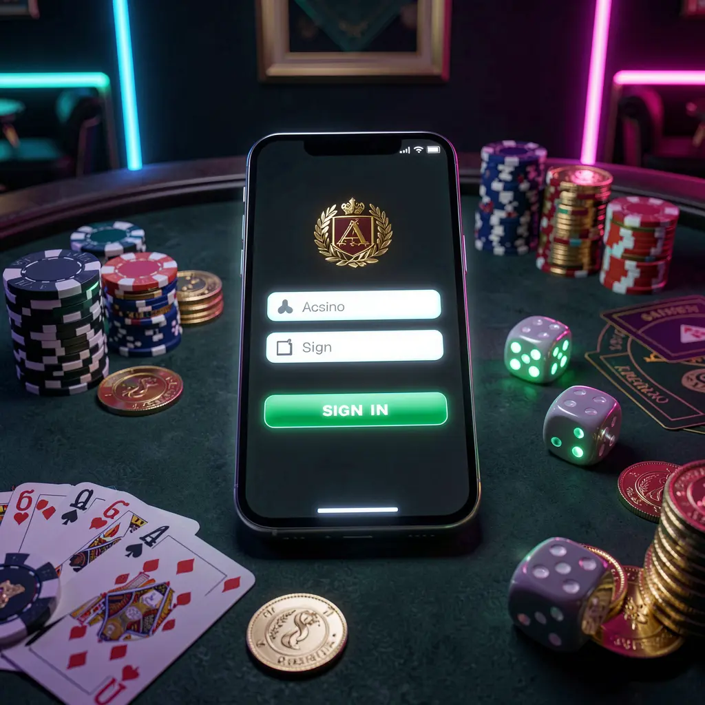 Ponsel pintar bercahaya menampilkan masuk akun kasino 9999 SL di atas meja kasino yang dikelilingi kartu, chip, dadu, dan koin emas dengan latar belakang gelap elegan dan sorotan neon