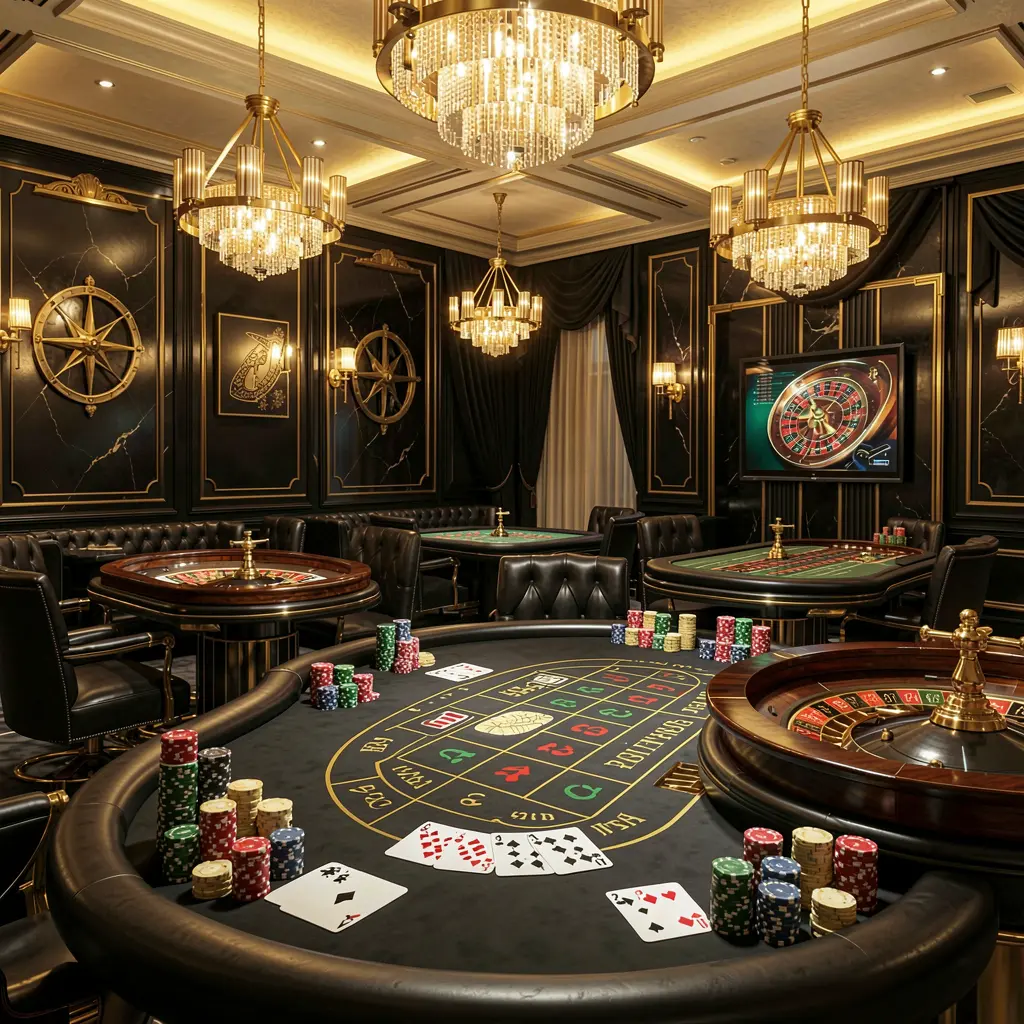 Lobi kasino online mewah dengan meja rolet bercahaya, lampu emas, chip poker, dan kartu dalam desain hitam dan emas premium oleh 9999 SL Lobi kasino online mewah dengan meja rolet bercahaya, lampu emas, chip poker, dan kartu dalam desain hitam dan emas premium oleh 9999 SL
